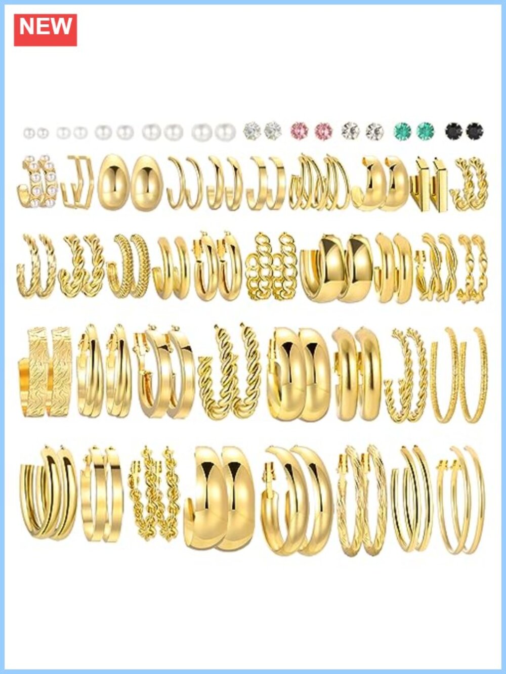 Gold Hoop Earrings Set 46 Pairs Chunky Twisted Pearl Stud Multipack